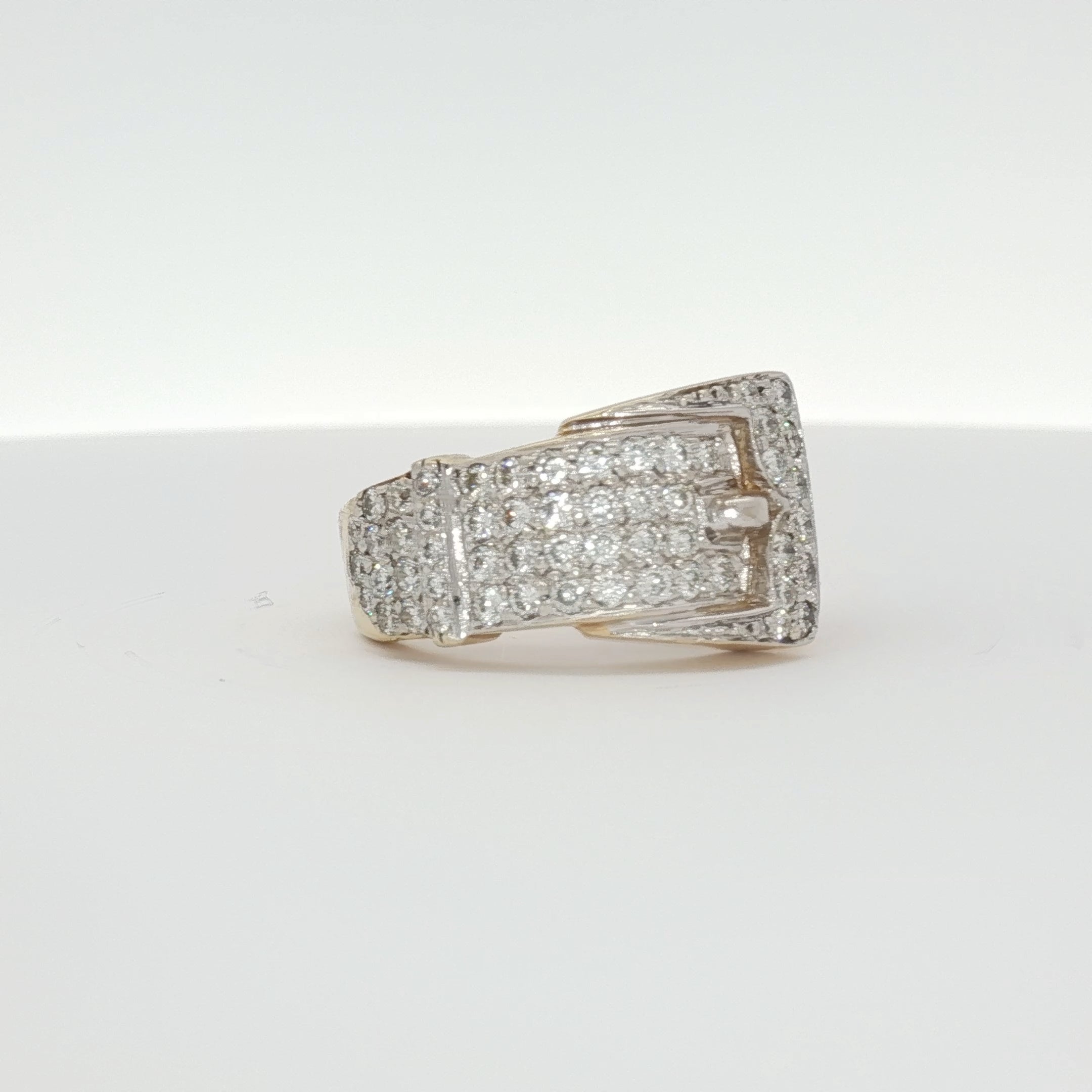 14K yellow gold diamond belt buckle ring from Gold & Beyond, featuring a sleek jewelry design with sparkling diamonds.