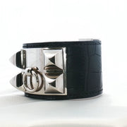 Hermès Collier de Chien black crocodile leather bracelet with gold-tone hardware, stylish jewelry accessory.