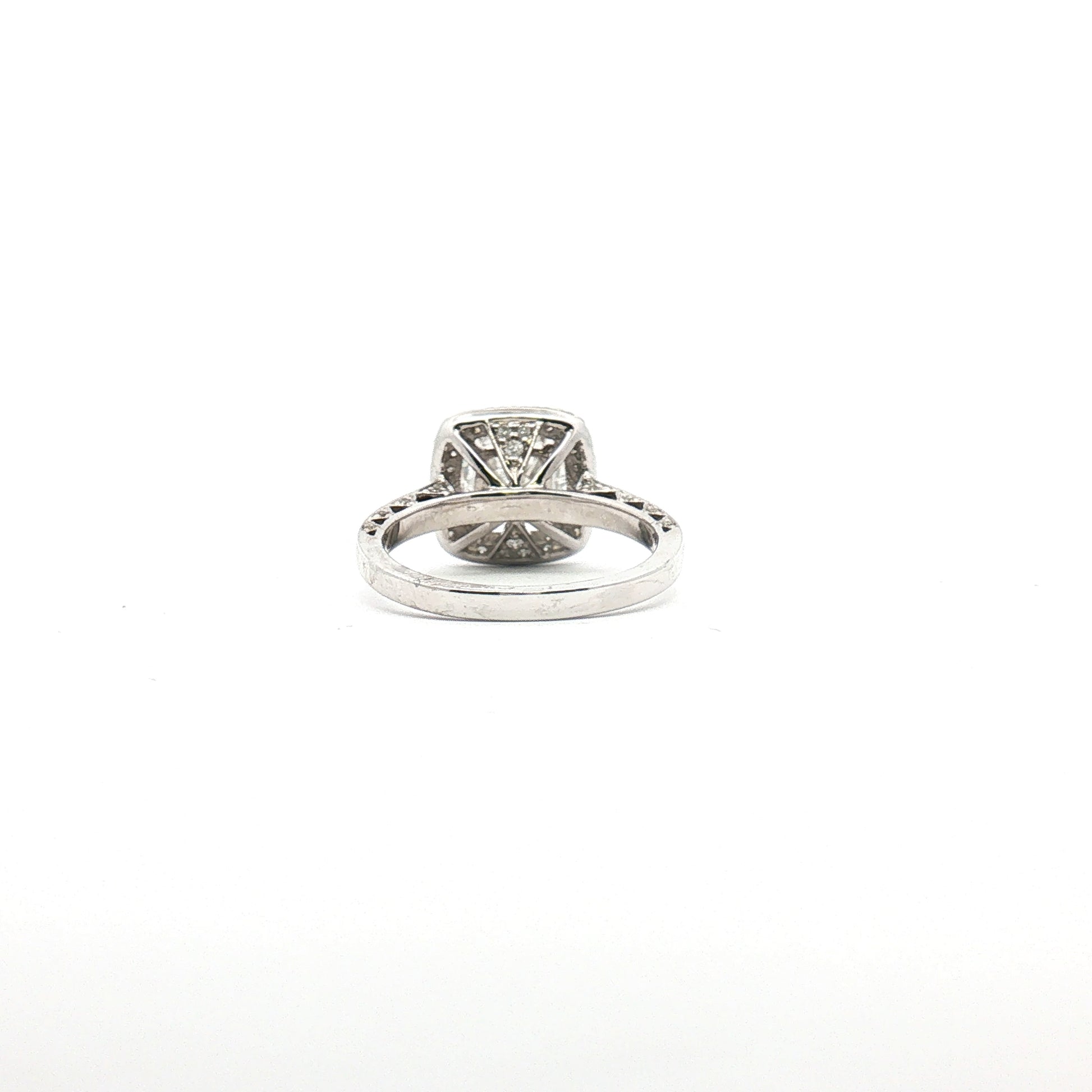 14K white gold diamond halo ring featuring a central gemstone surrounded by smaller diamonds, elegant jewelry design.