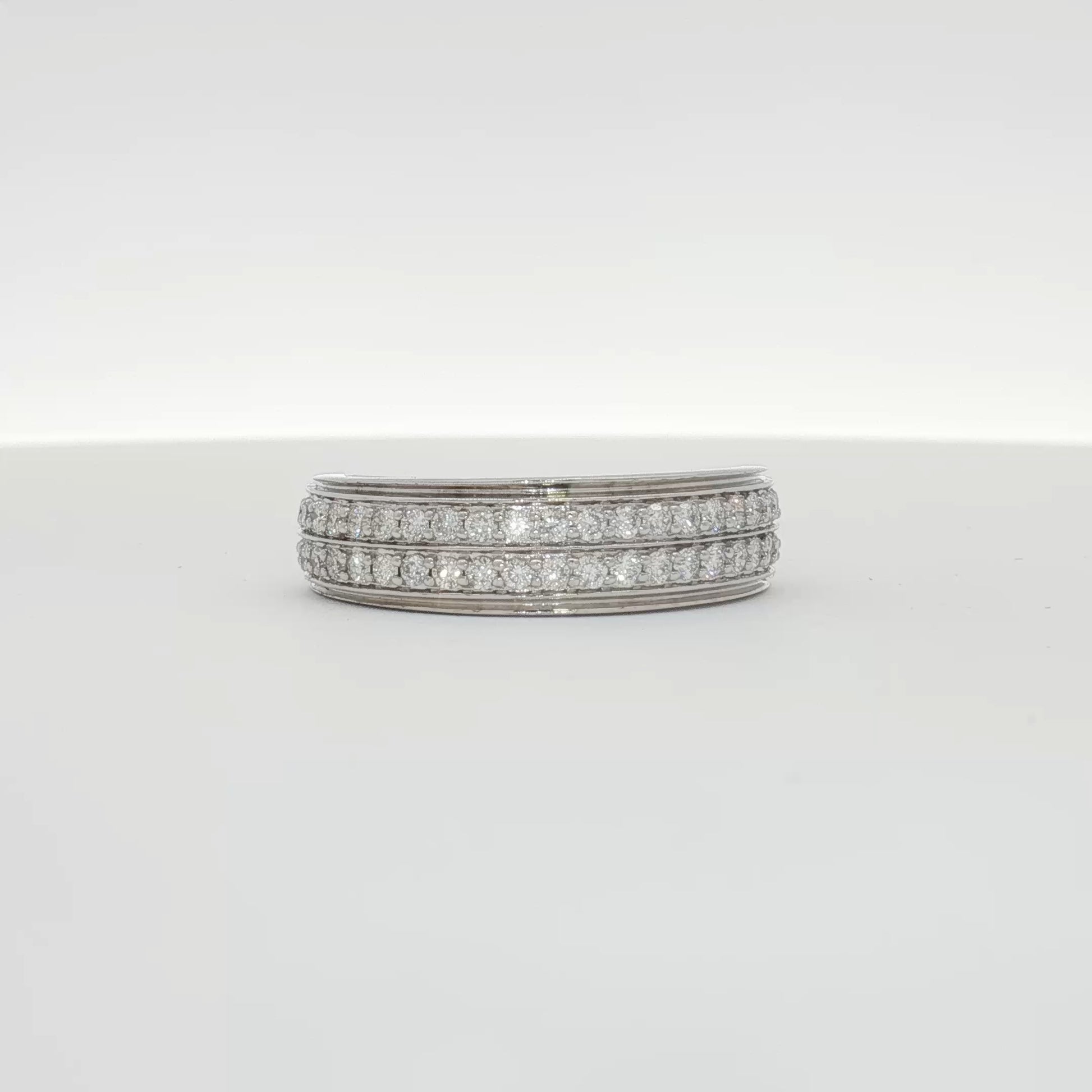 14K white gold diamond men's band ring featuring sparkling diamonds, crafted by Gold & Beyond in elegant jewelry style.