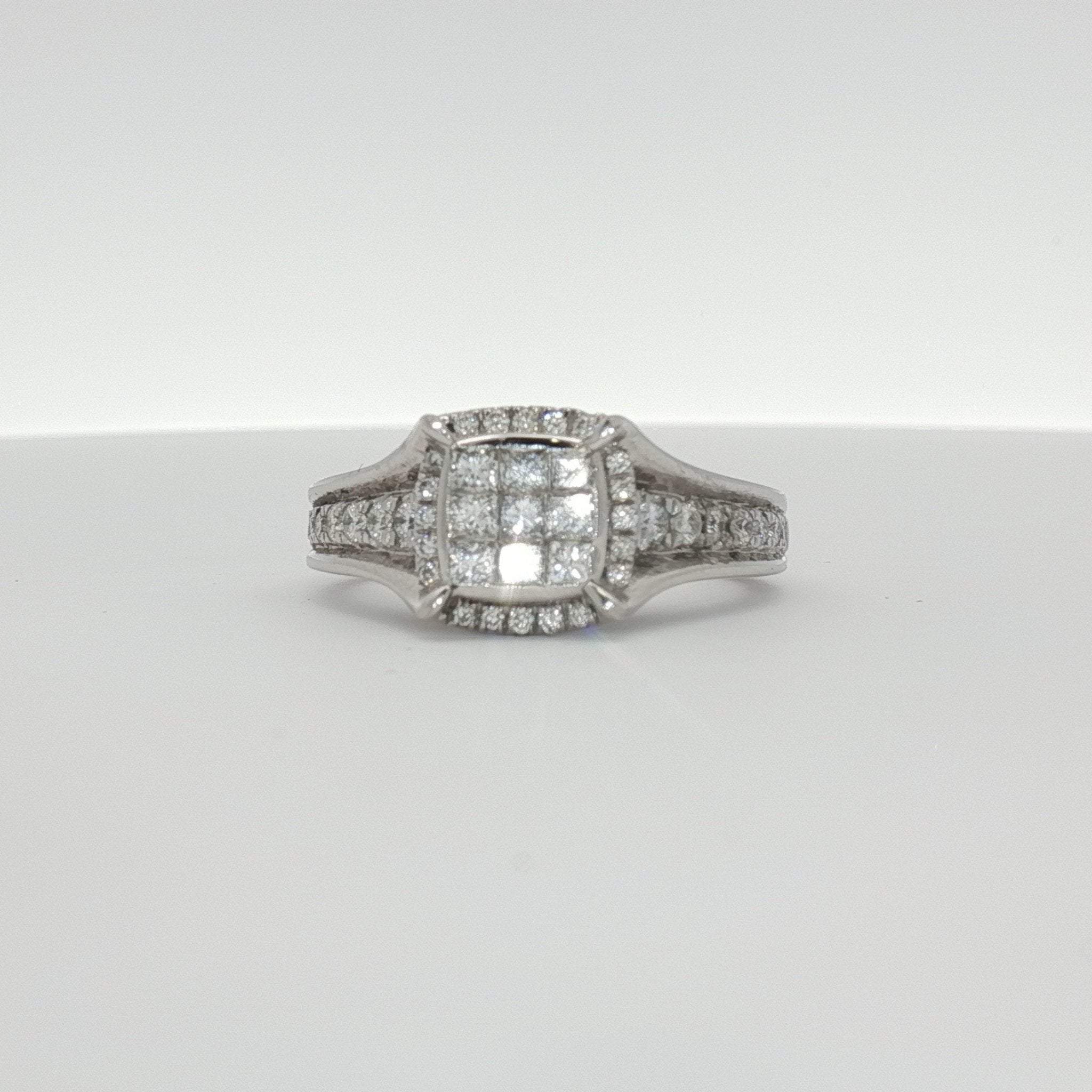 14K white gold diamond cluster ring featuring a sparkling design, crafted by Gold & Beyond, jewelry with elegant gemstone details.