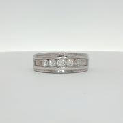Men's 10K white gold wedding band with diamond accents from Gold & Beyond, showcasing a sleek, polished jewelry design.