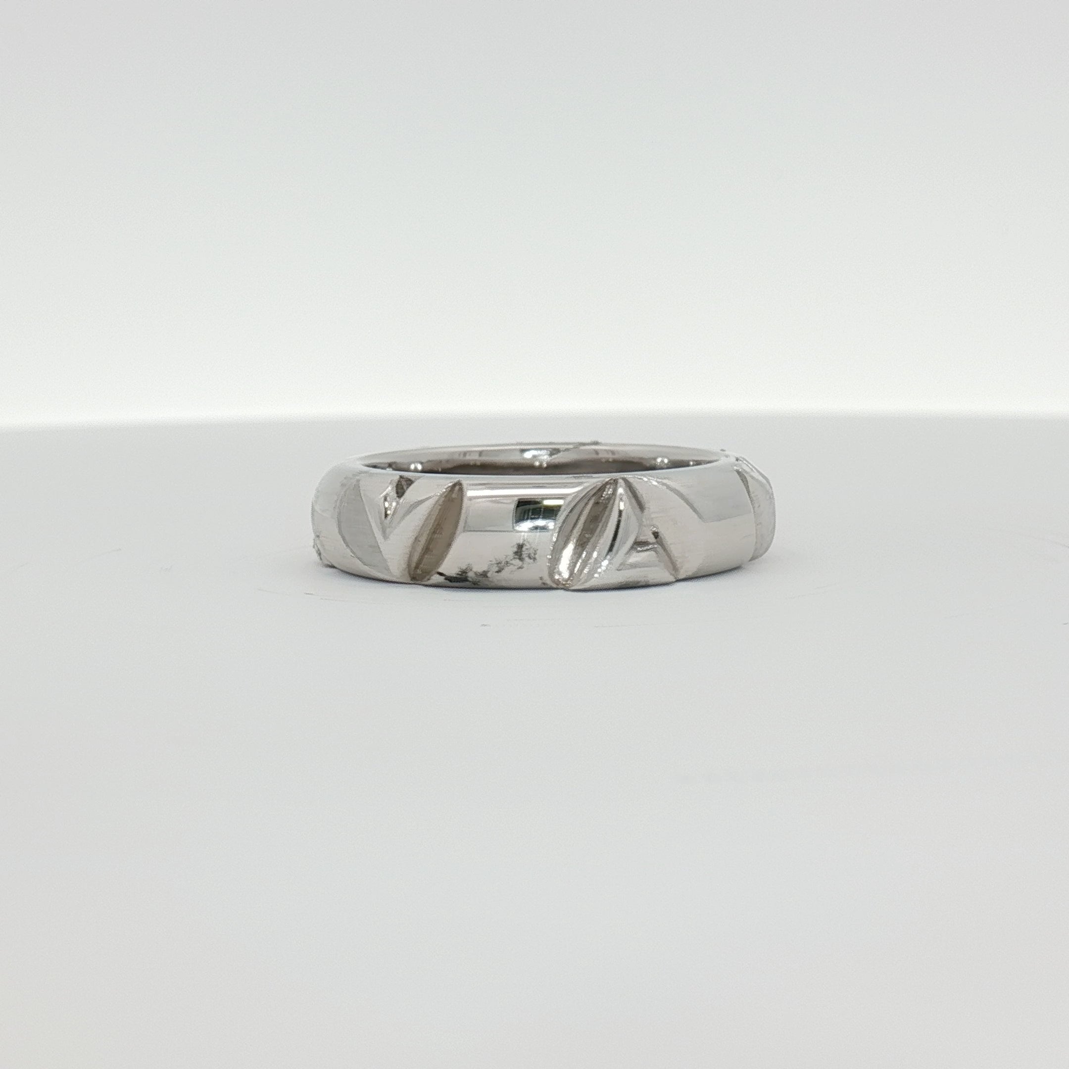 Louis Vuitton white gold Volt ring, a sleek jewelry piece with a polished finish, displayed on a neutral background.