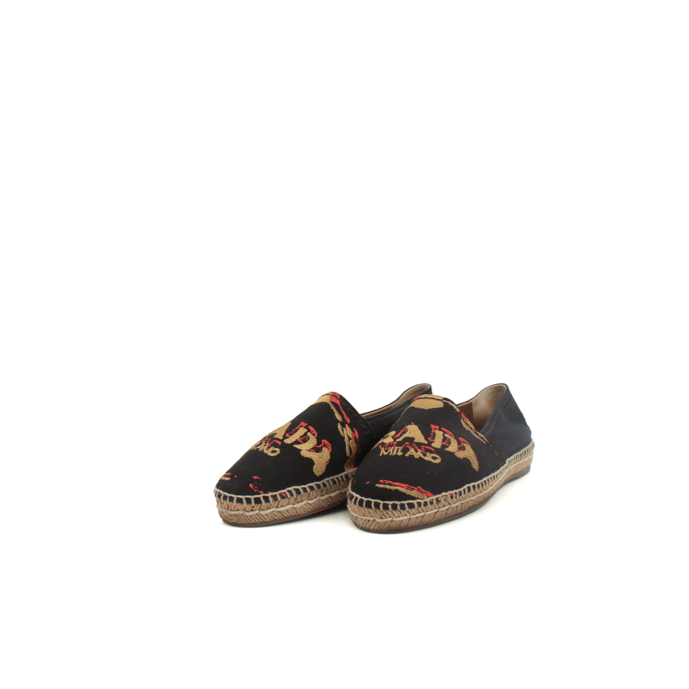 Prada Canvas Espadrille shoes with beige and navy design, featuring a woven jute sole and casual slip-on style.
