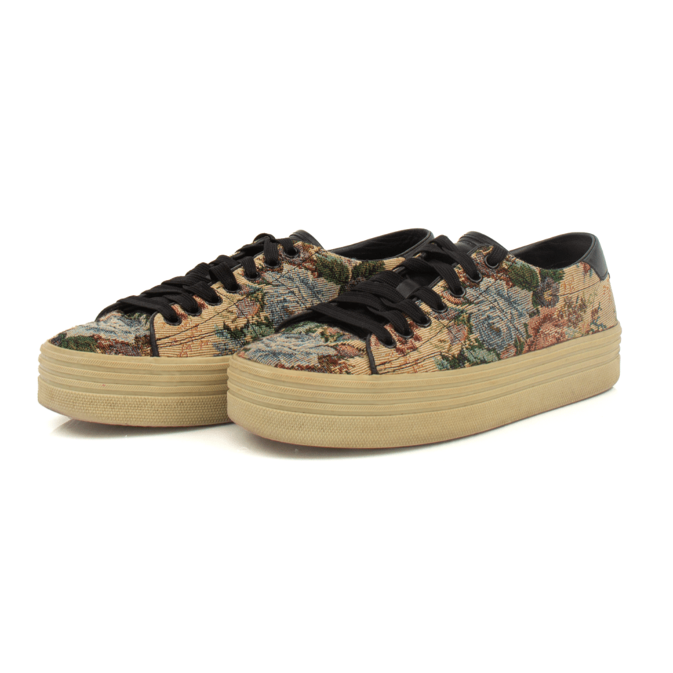 Gold & Beyond YSL Tapestry Sneakers showing colorful tapestry design, lace-up shoes with white soles and stylish details.