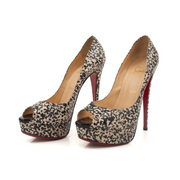 Gold & Beyond Louboutin Lady Peep Heels with pointed toe and stiletto heel, showcasing elegant black and red design.