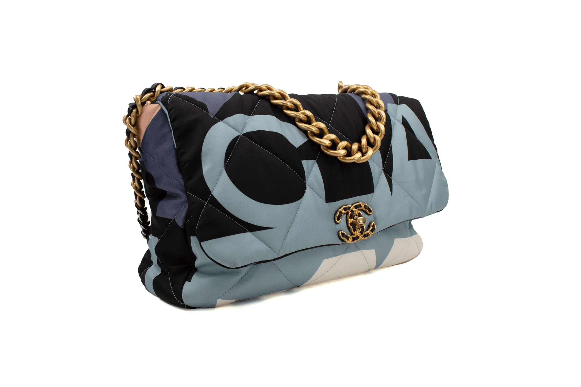 Chanel 19 Silk Flap handbag by Gold & Beyond, featuring a luxurious silk finish and elegant flap design.