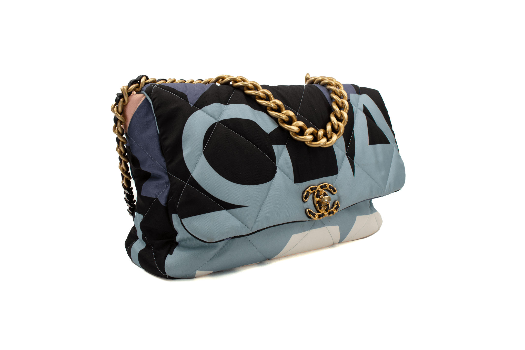 Chanel 19 Silk Flap handbag by Gold & Beyond, featuring a luxurious silk finish and elegant flap design.