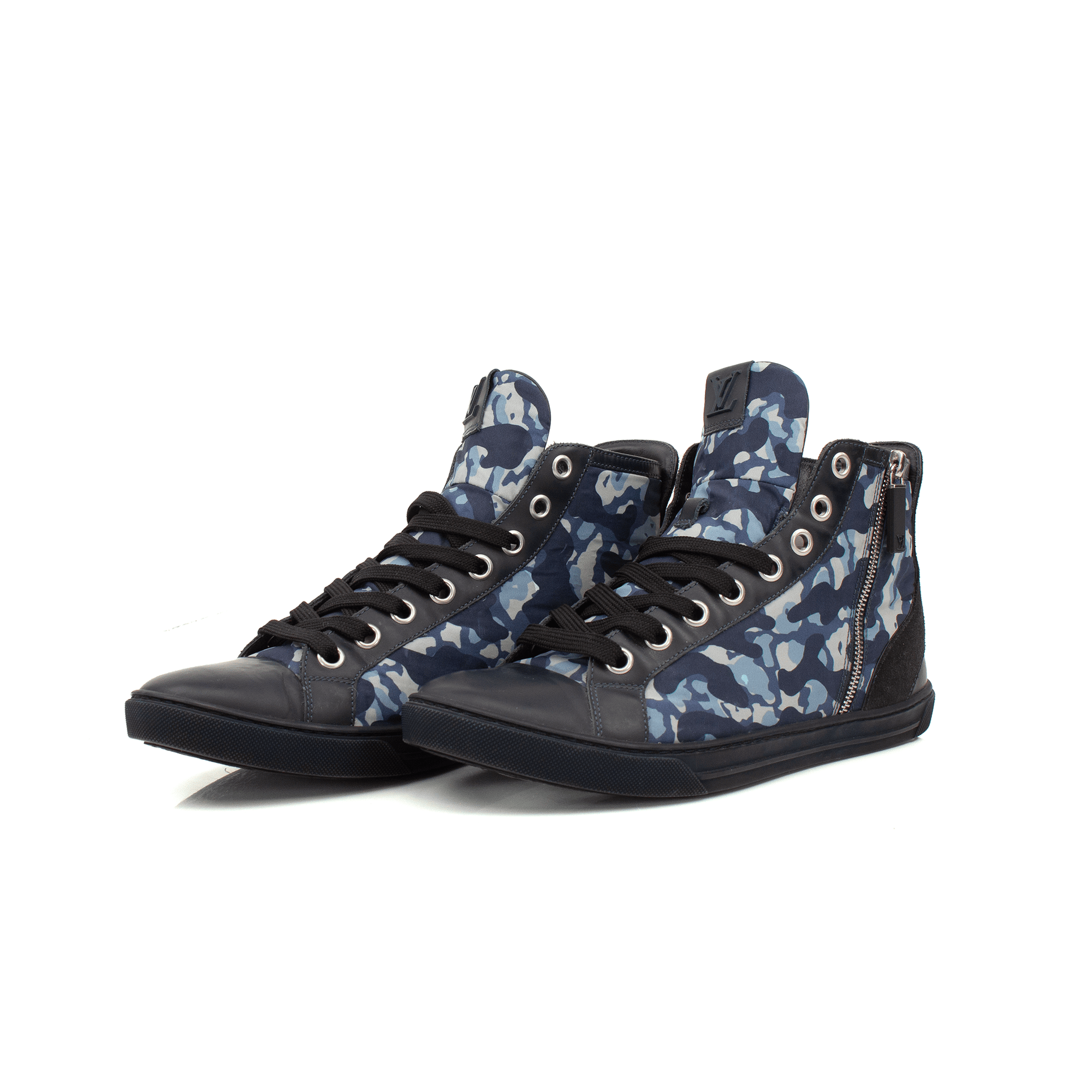 Louis Vuitton Paris Camo Sneakers by Gold & Beyond featuring camouflage design, white soles, and stylish athletic shoe details.