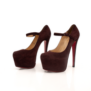 Christian Louboutin Lady Daf Veau Suede heels in classic red, featuring pointed toes and stiletto heels, displayed on a neutral background.