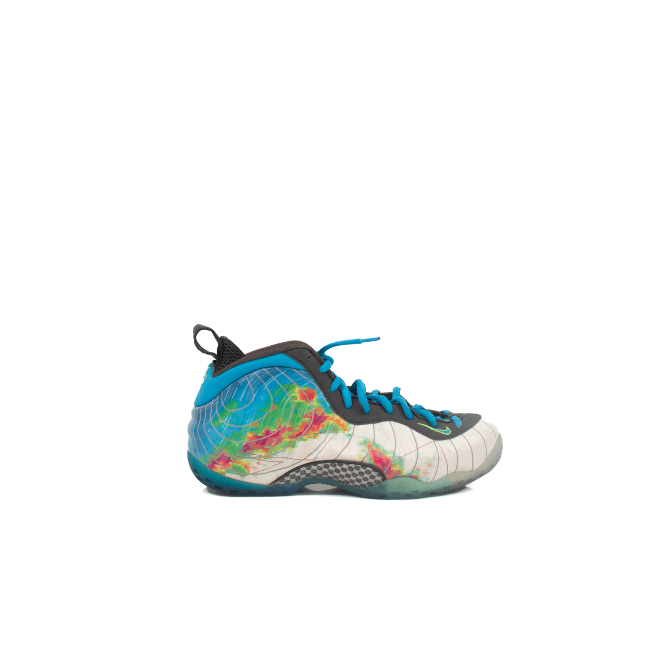 Nike Air Foamposite One “Weather Radar” shoes in black with vibrant weather-inspired graphics, featuring a sleek, futuristic design.