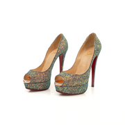 Gold & Beyond Christian Louboutin glitter peep heels with pointed toes and stiletto heels, featuring shimmering gold and glitter details.