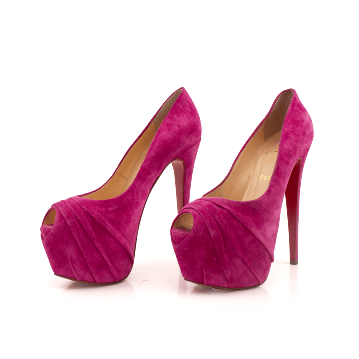 Gold & Beyond Louboutin Drapesse Heels featuring sleek design, stiletto style, and elegant black finish with gold accents.