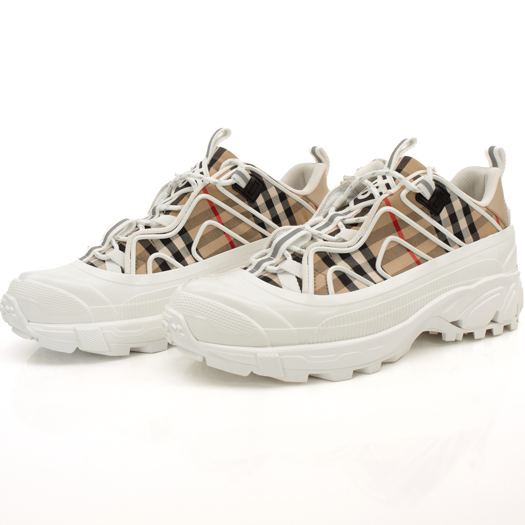 Gold & Beyond Burberry Rubber Plaid Chunky Sneakers, stylish shoes with bold plaid pattern and chunky sole.
