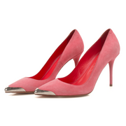 Gold & Beyond McQueen suede heels with pointed toes and slender stiletto heels, shown on a white background.