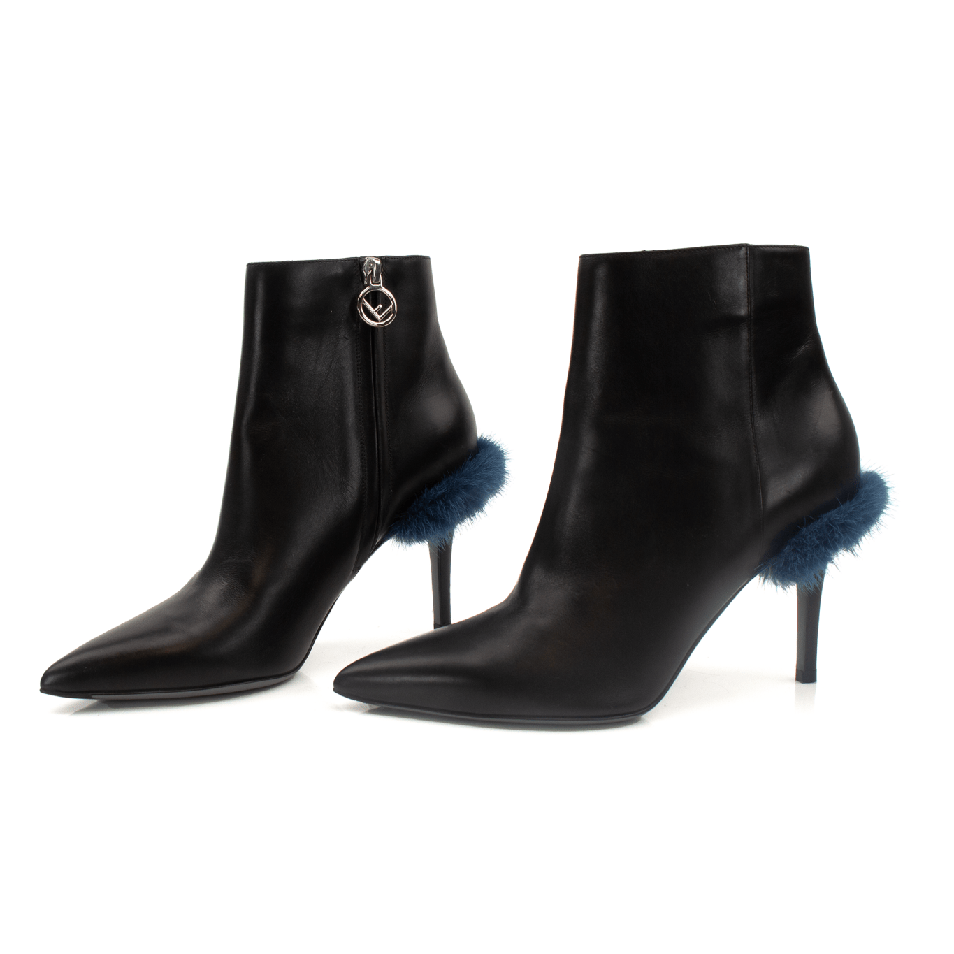 Black leather ankle boots from Fendi featuring sleek design and sturdy heels, displayed by Gold & Beyond.