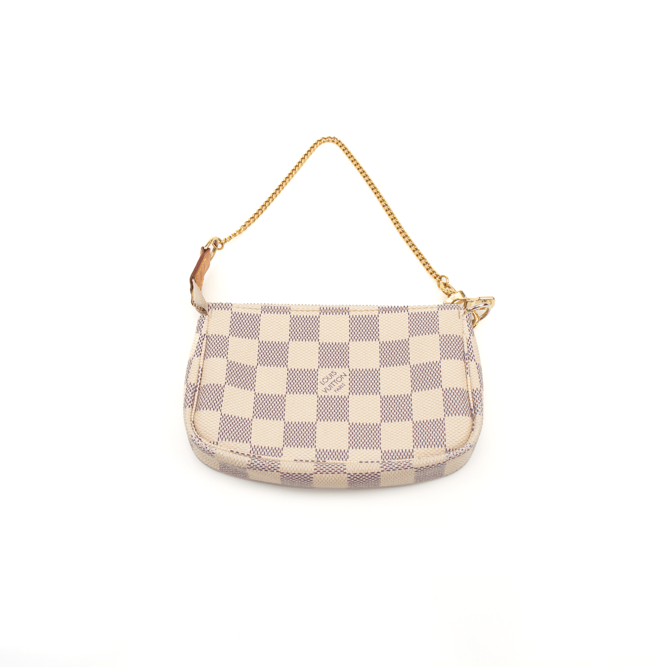 Gold & Beyond Louis Vuitton Mini Pochette wallet in monogram canvas with a zipper closure and gold hardware.