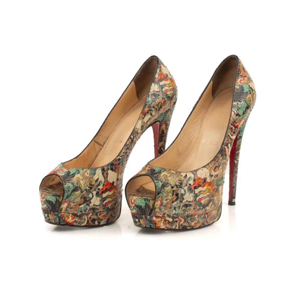 Christian Louboutin Multicolor Palais Pumps with signature red soles, featuring a vibrant, multicolor design and elegant high heel.