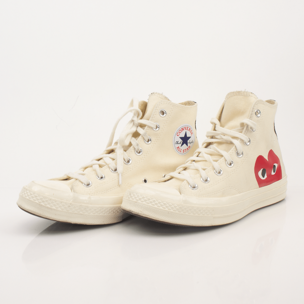 Converse Comme des Garçons Play sneakers in black with red heart logo, stylish casual shoes from Gold & Beyond.