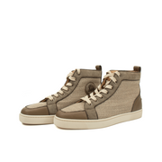 Christian Louboutin high top sneakers in black with red soles, showcasing the stylish shoes from Gold & Beyond.