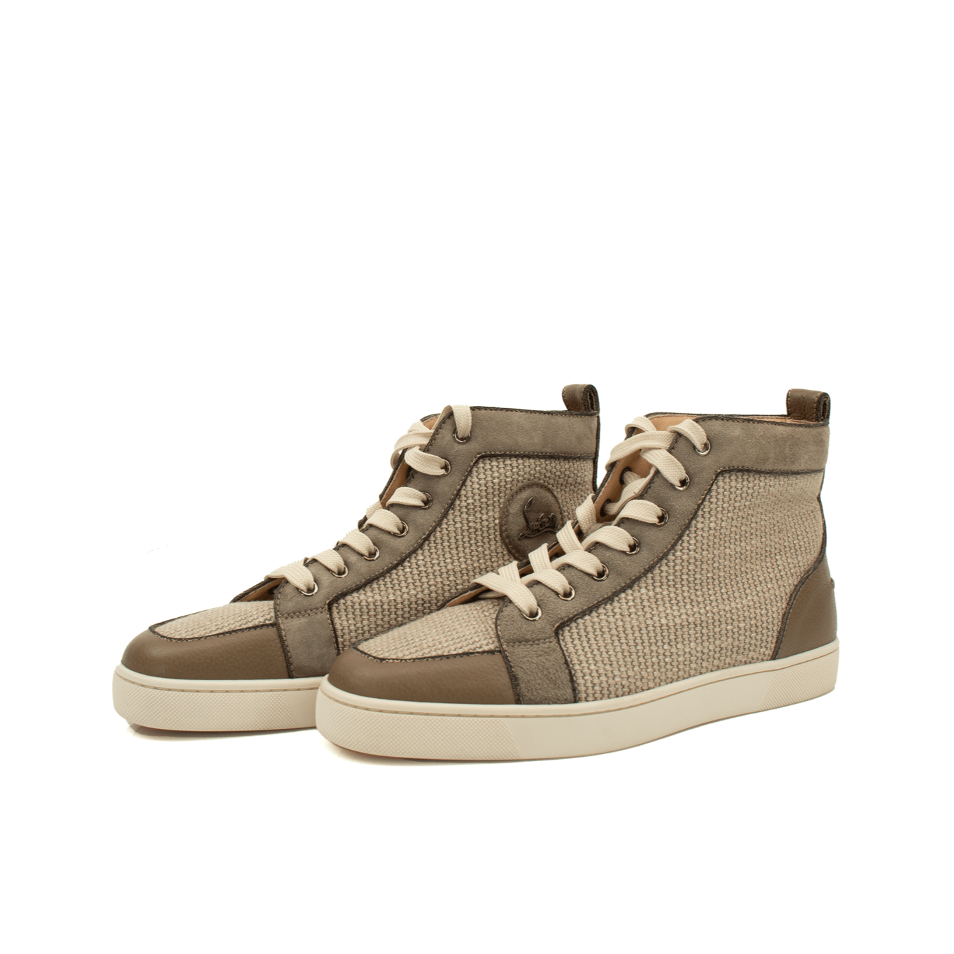 Christian Louboutin high top sneakers in black with red soles, showcasing the stylish shoes from Gold & Beyond.
