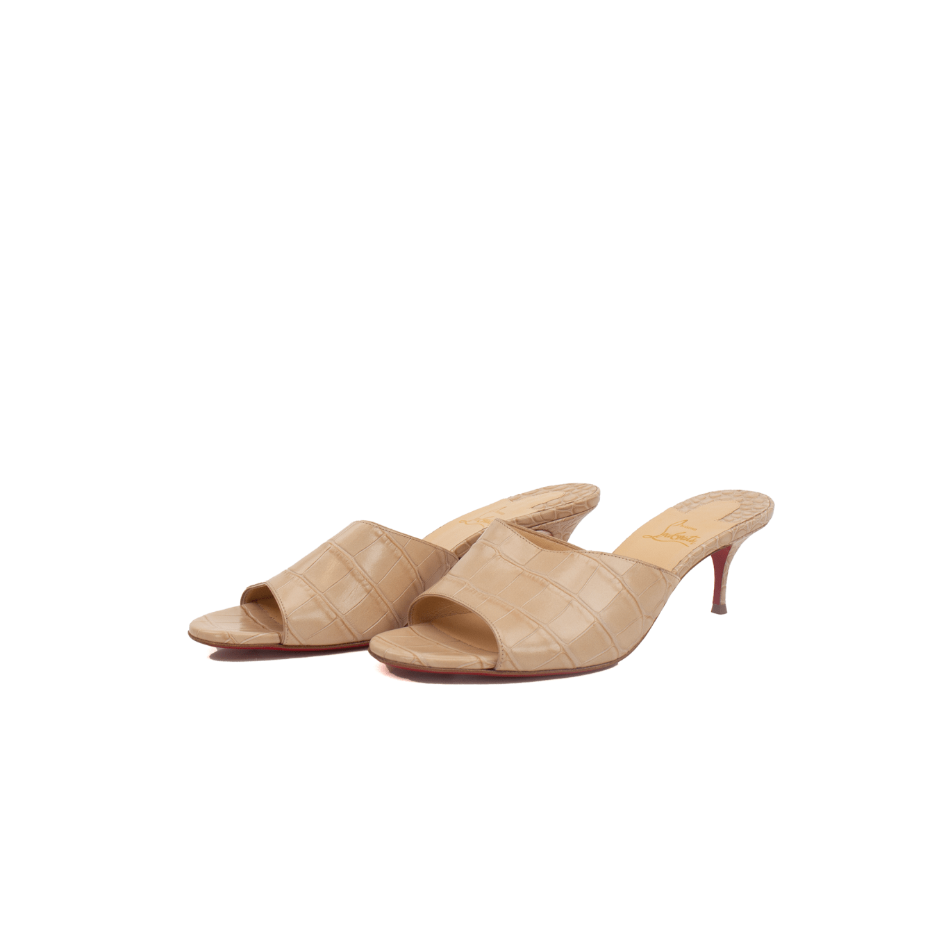 Gold & Beyond Christian Louboutin mule heels, stylish slip-on shoes with signature red soles and elegant design.