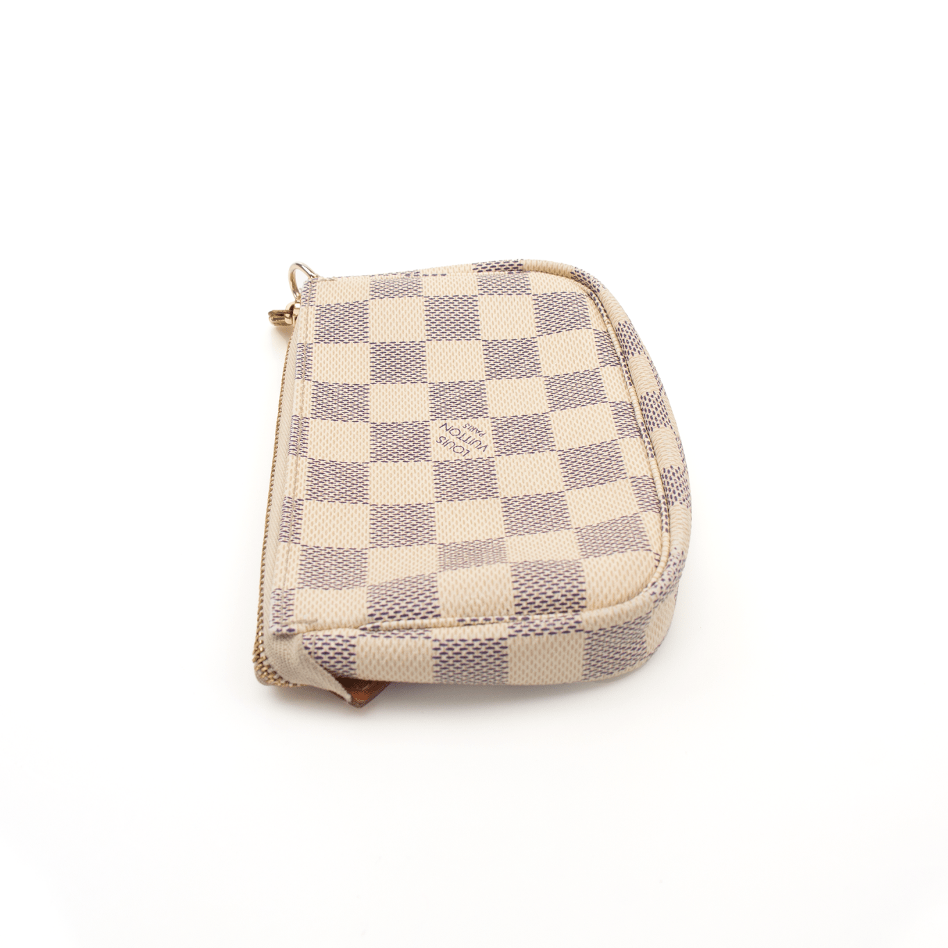 Louis Vuitton Mini Pochette wallet in monogram canvas with gold hardware and chain strap, showcasing compact design.