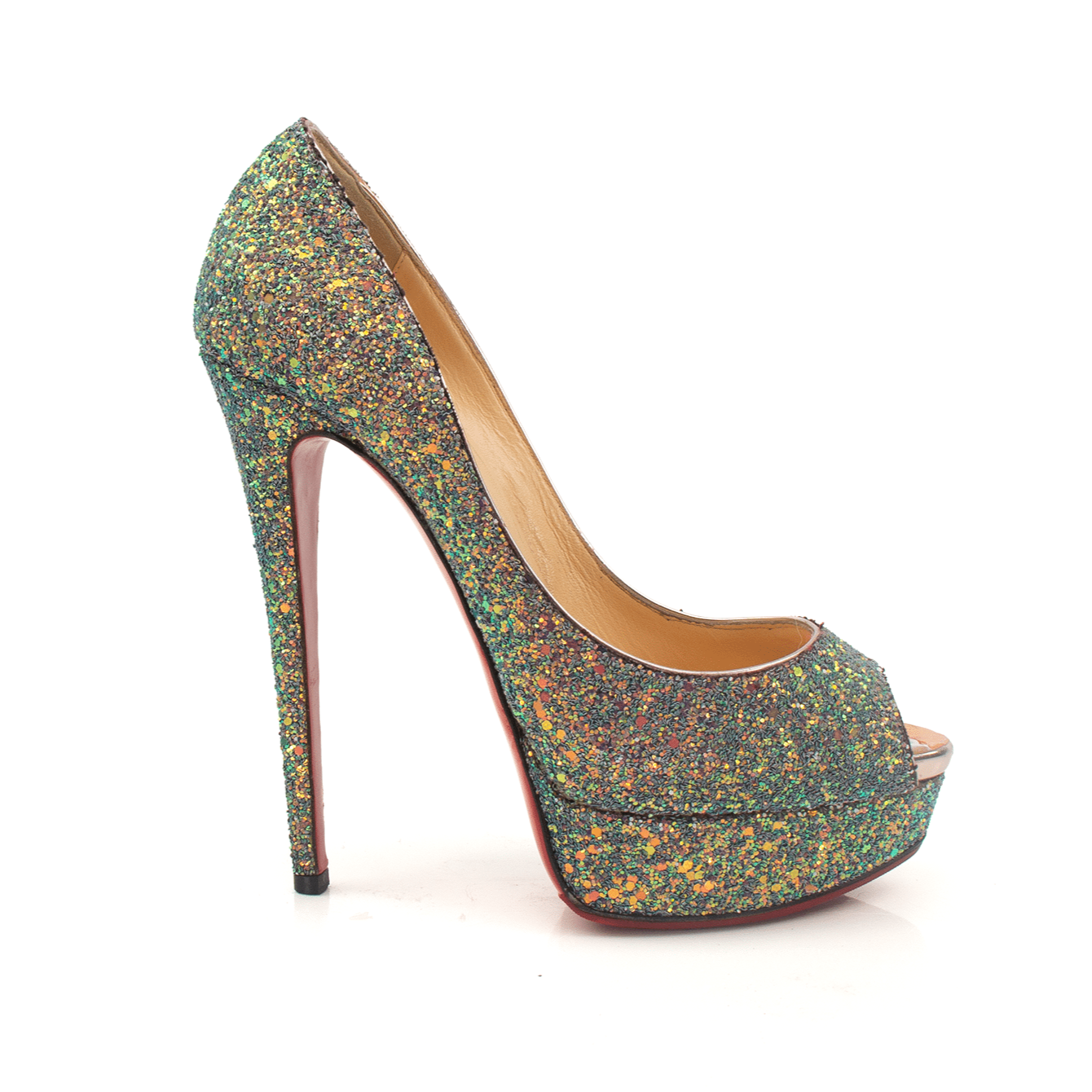 Gold & Beyond Christian Louboutin glitter peep heels with stiletto design and shimmering embellishments, side view.