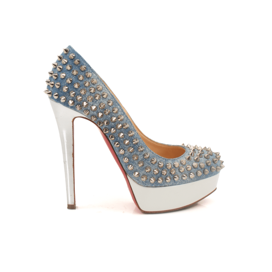 Gold & Beyond Christian Louboutin Bianca Spike Pumps heels with black leather and distinctive spike embellishments.