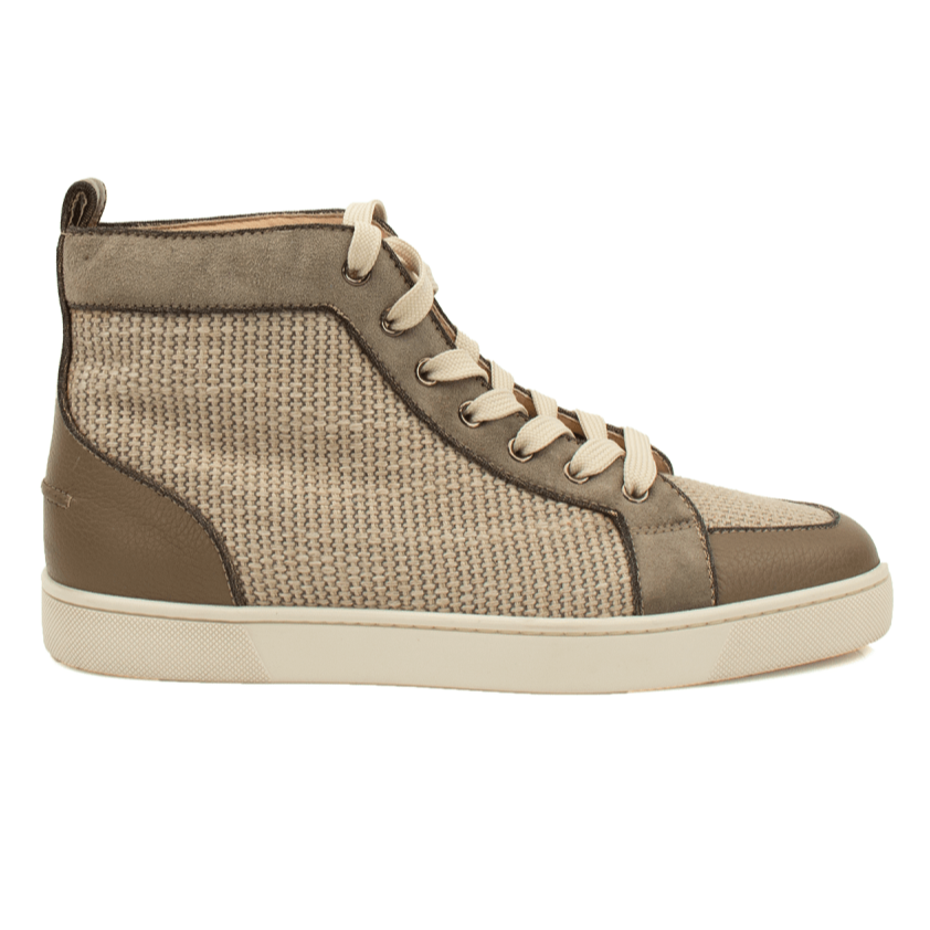 Christian Louboutin high top sneakers with black leather and signature red sole, stylish shoes by Gold & Beyond.