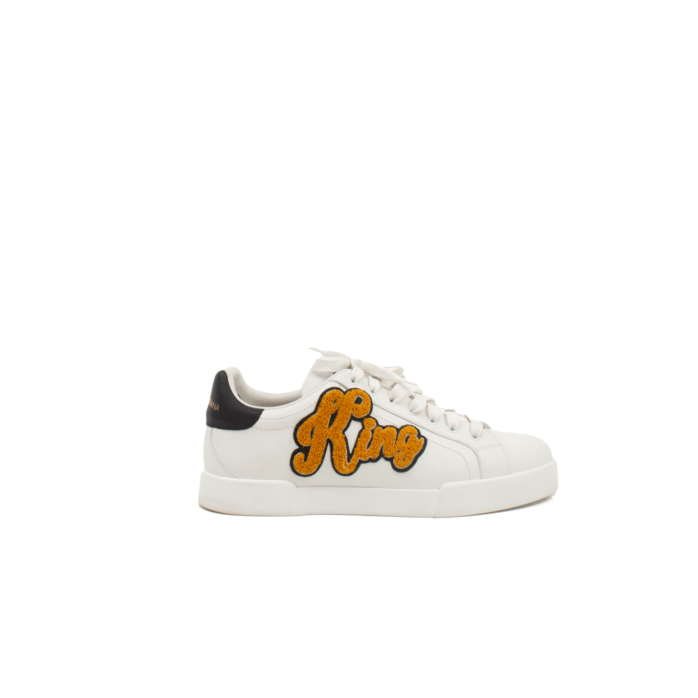 Golden and white Dolce & Gabbana sneakers with stylish design and brand logo on the side, casual shoes by Gold & Beyond.