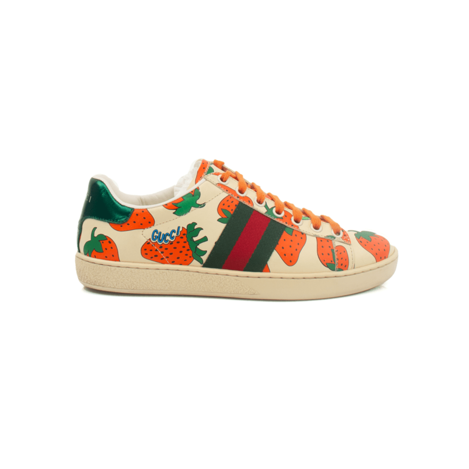 Gold & Beyond Gucci Strawberry Sneakers, stylish shoes featuring a vibrant strawberry design and comfortable fit.