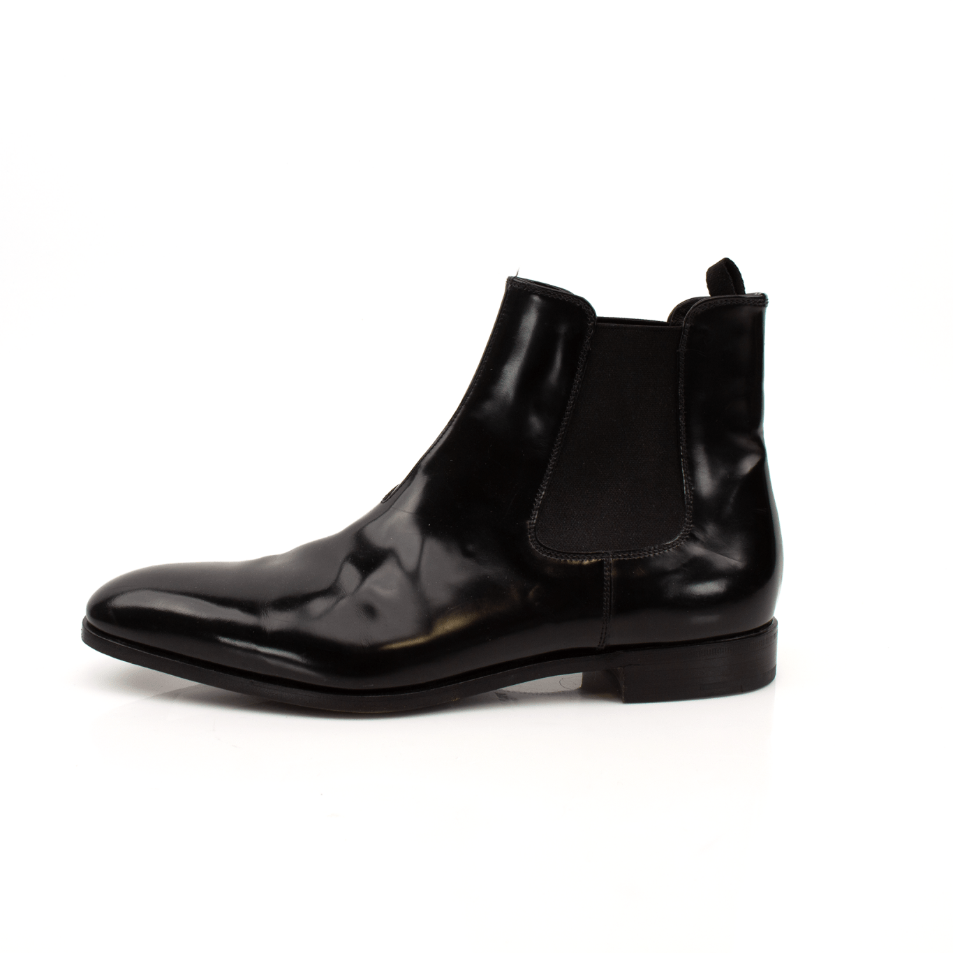 Gold & Beyond men's Prada Chelsea boots featuring sleek leather design and elastic side panels for a stylish, modern look.