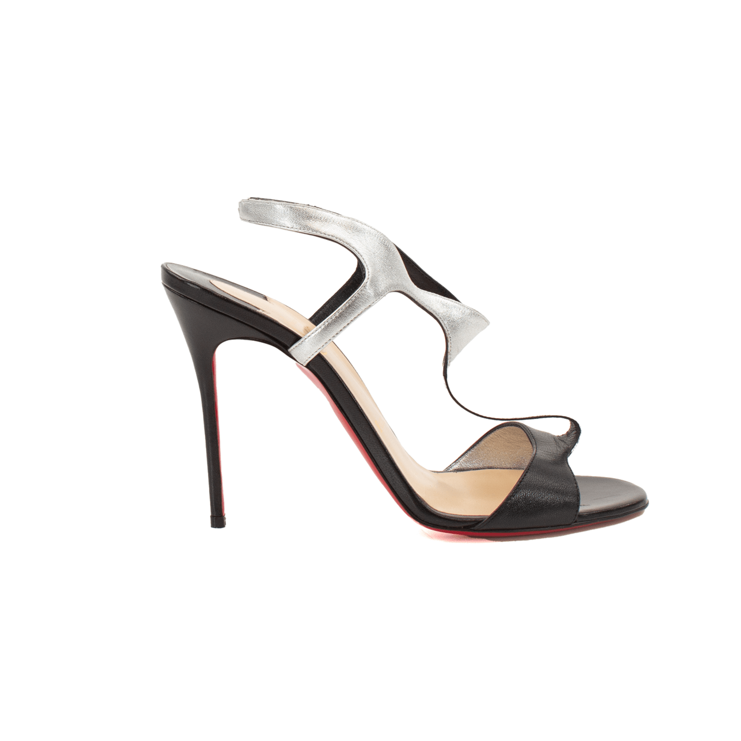 Christian Louboutin sandal pumps with red soles and sleek straps, displayed on a neutral background.