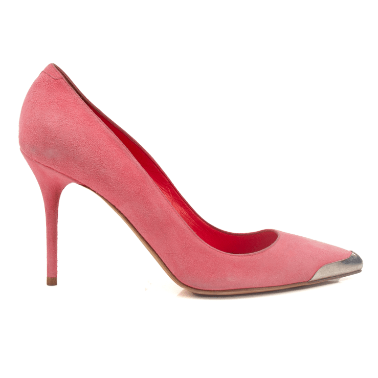 Gold & Beyond McQueen suede heels with pointed toe and stiletto heel, stylish women's footwear for elegant occasions.