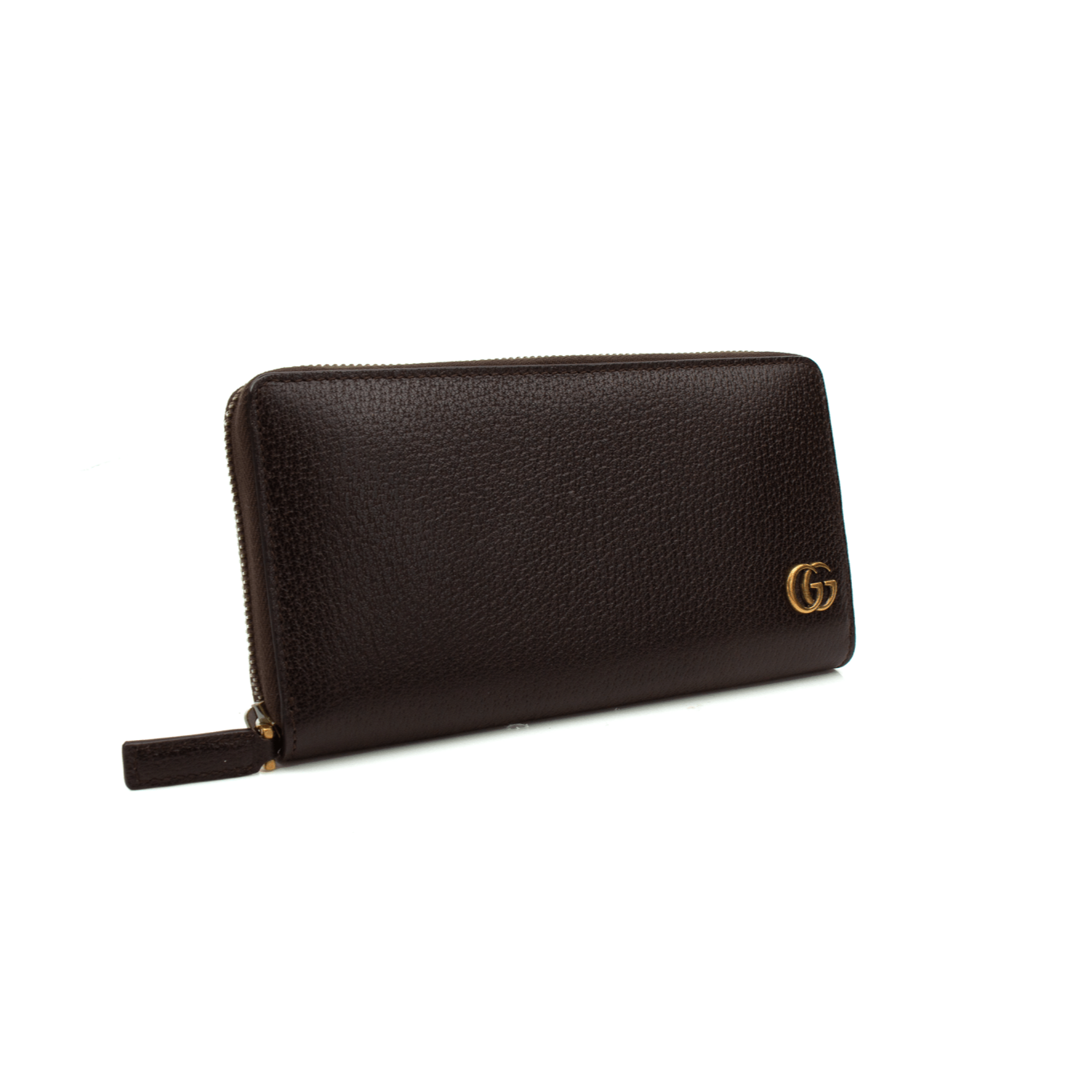 Gucci GG Marmont wallet in black leather with signature logo and quilted design, displayed on a neutral background.