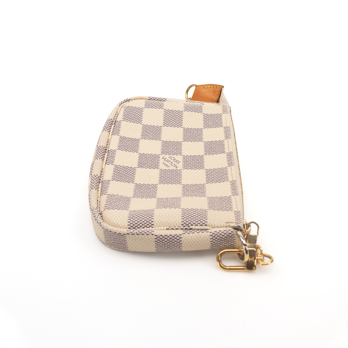 Louis Vuitton Mini Pochette wallet in Monogram canvas with gold-tone hardware and a chain strap.