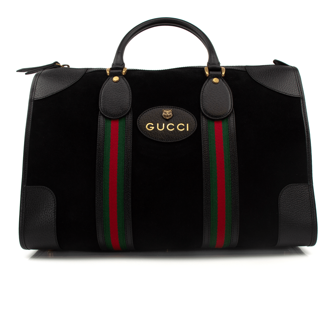 Gucci GG Supreme travel bag featuring a signature monogram design and sturdy handles, perfect for stylish journeys.