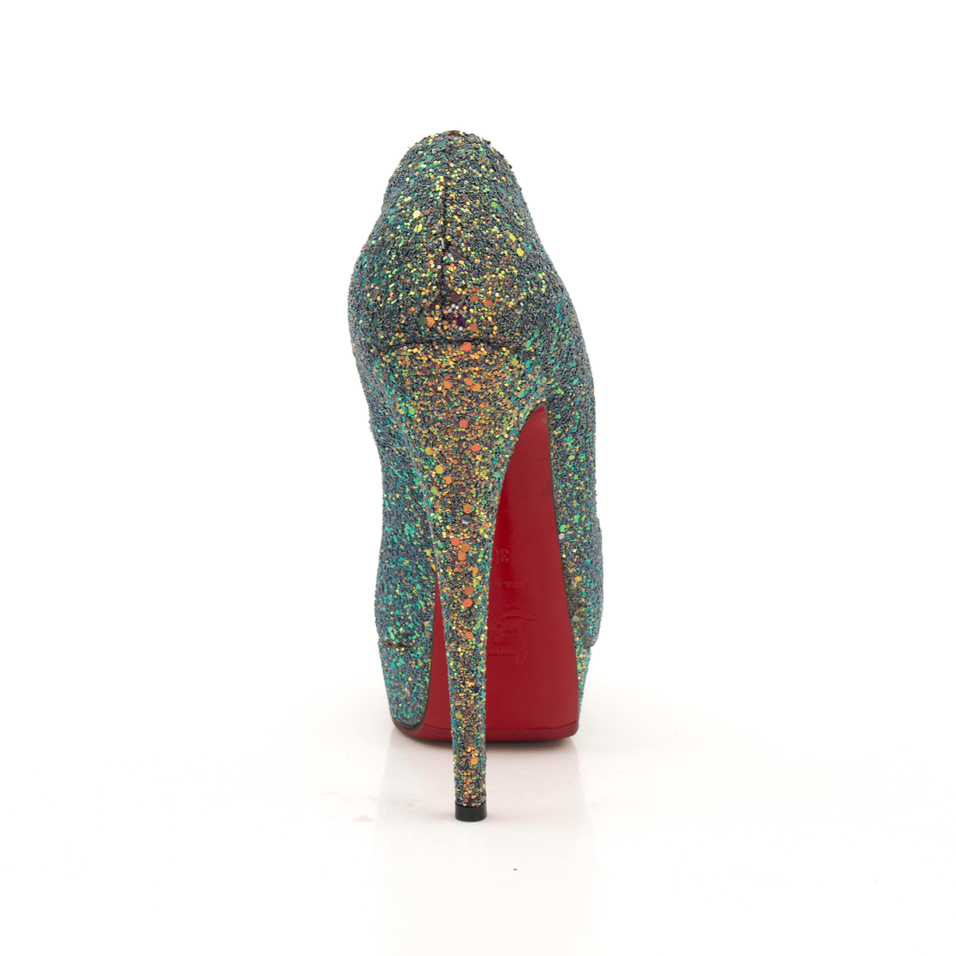 Gold & Beyond Christian Louboutin glitter peep heels with a stylish design and sparkling finish, perfect for elegant occasions.