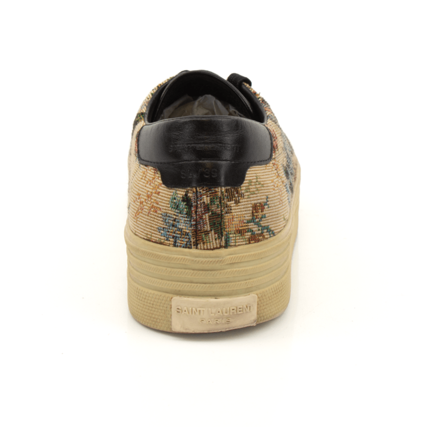 Gold & Beyond YSL Tapestry Sneakers showing stylish shoes with intricate tapestry design and modern athletic silhouette.