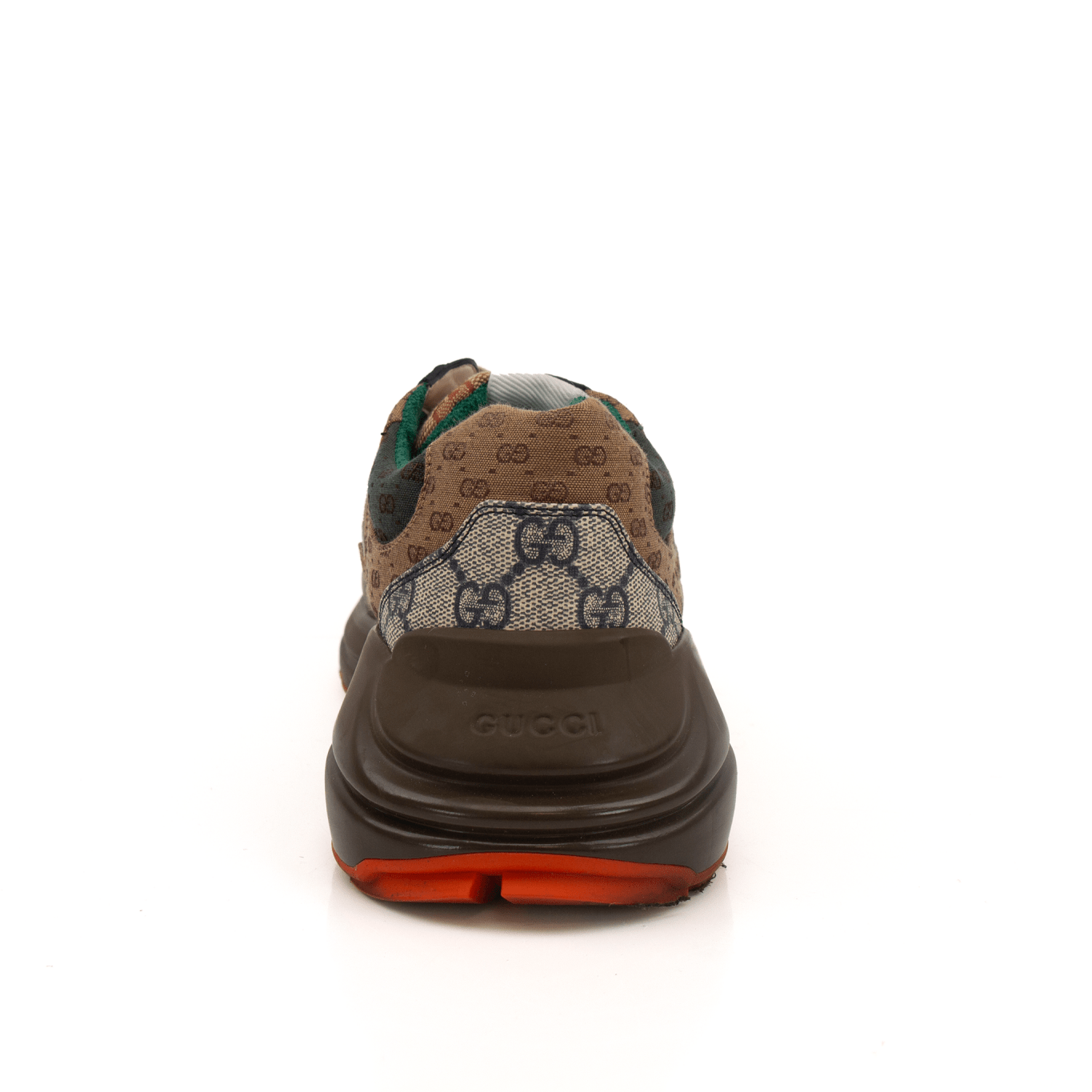 Gold & Beyond Gucci Rhyton sneakers, stylish shoes with distinctive design and premium materials, visible from the front angle.