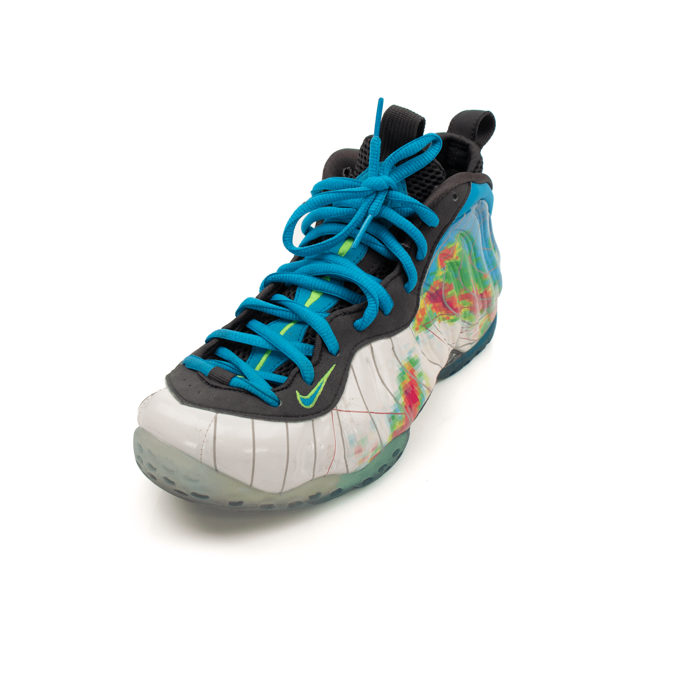Nike Air Foamposite One Weather Radar shoes in blue with black accents, featuring a sleek design and textured foamposite upper.