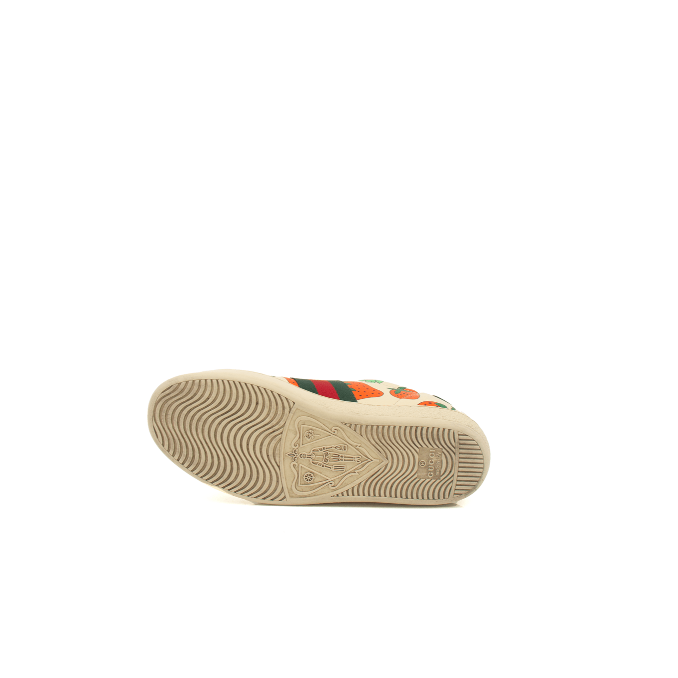 Gucci Strawberry Sneakers by Gold & Beyond, stylish shoes featuring colorful strawberry embroidery on white canvas.
