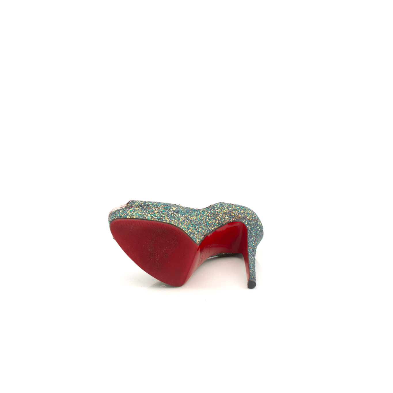 Gold & Beyond Christian Louboutin glitter peep heels with a glossy finish and elegant design, perfect for stylish occasions.