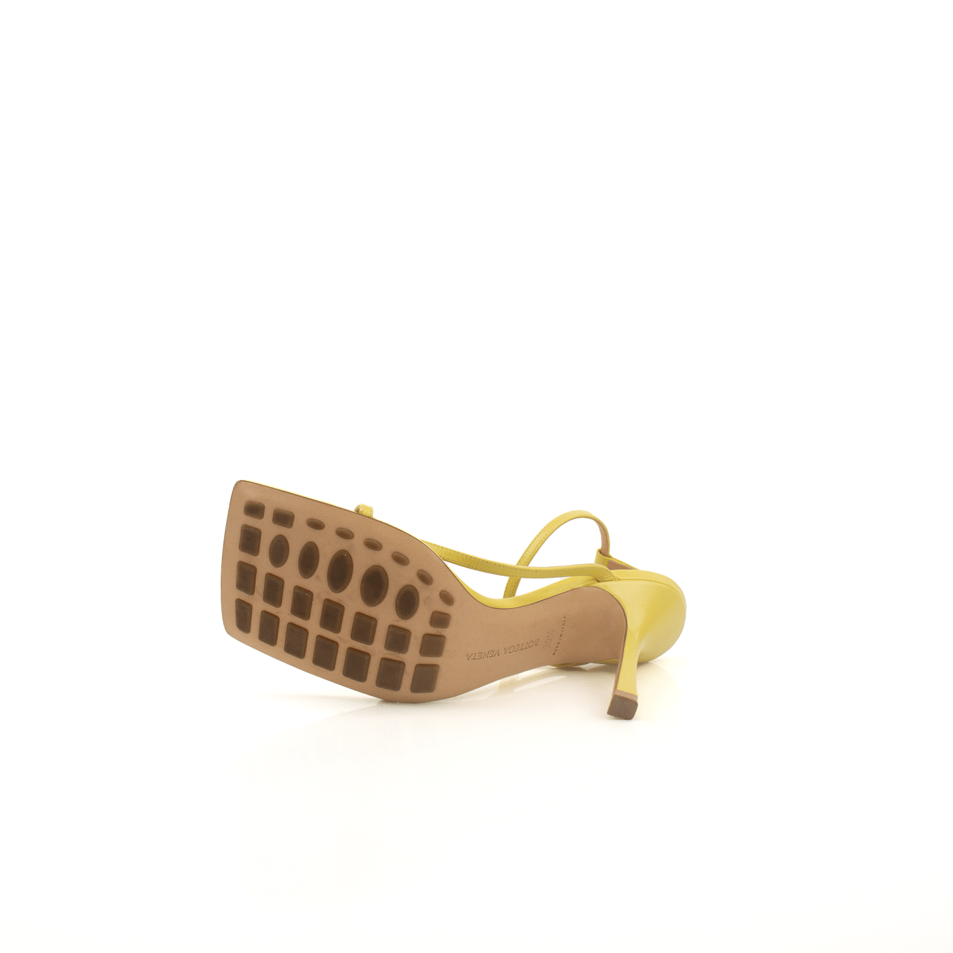 Yellow Bottega Veneta strap sandals with gold accents, stylish shoes featuring a sleek design and ankle straps.