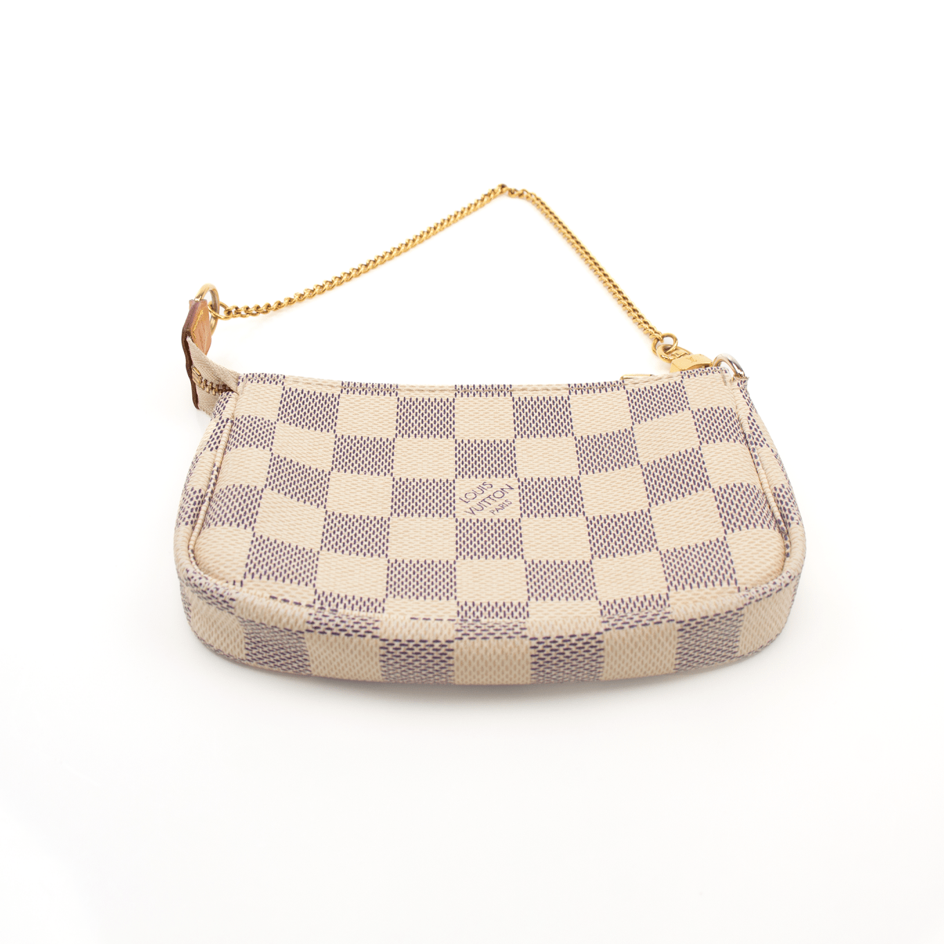Louis Vuitton Mini Pochette wallet in monogram canvas with gold hardware, featuring a compact design and chain strap.