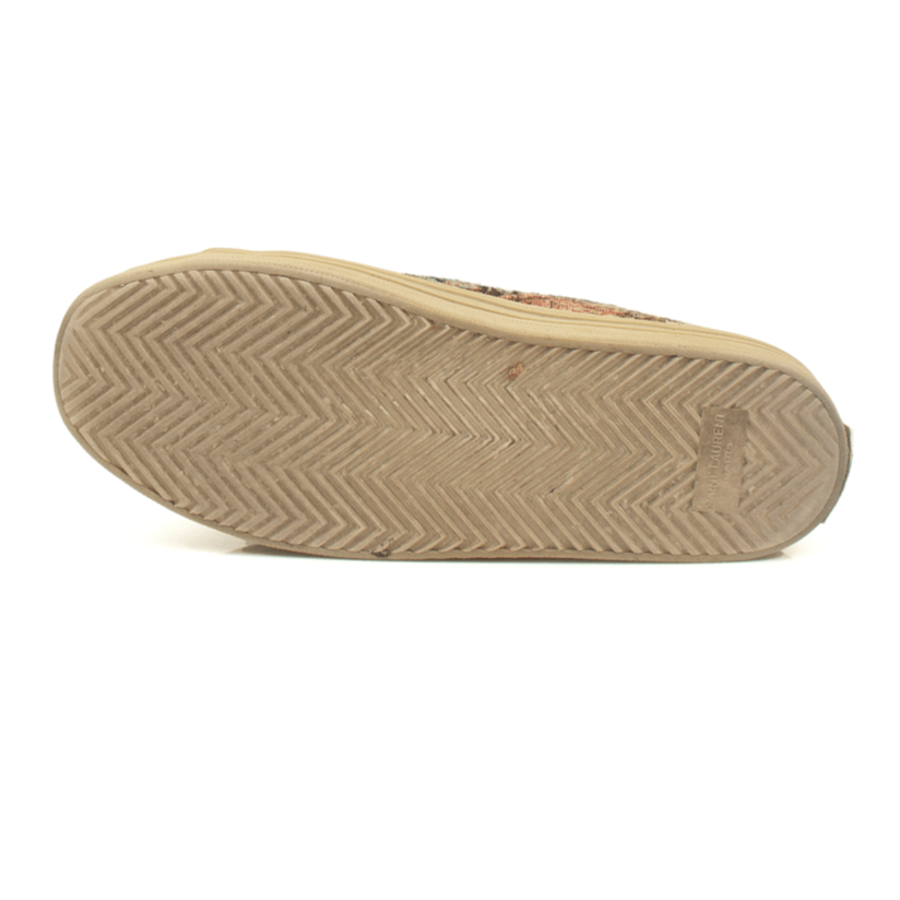 Gold & Beyond YSL Tapestry Sneakers, stylish shoes with intricate tapestry design and comfortable fit, shown from a side view.