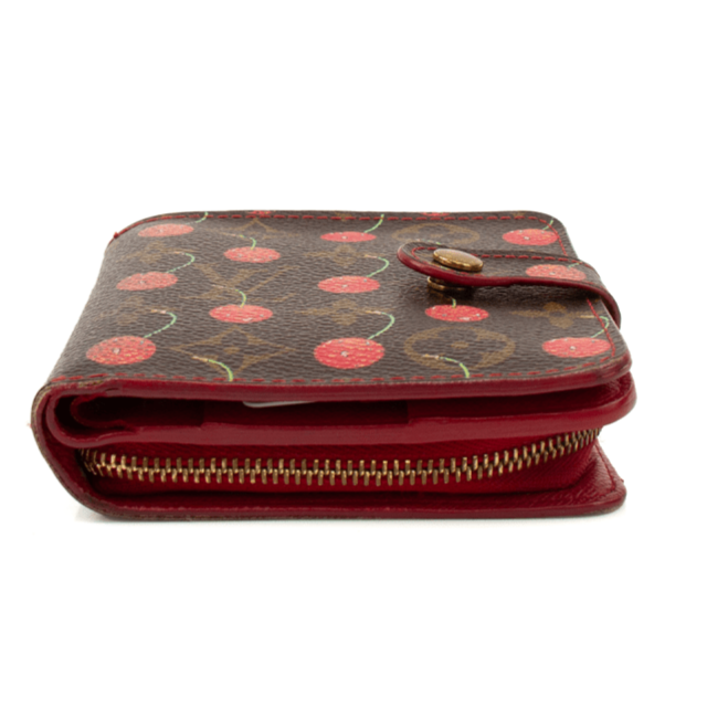 Louis Vuitton Cherry Cerise Zippy Wallet with zipper closure and embossed logo, featuring vibrant red cherry color and detailed stitching.