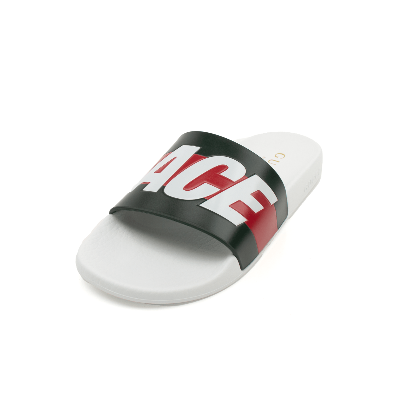 Gold & Beyond Gucci Palace Slides shoes with black straps and gold accents, casual slip-on footwear on a neutral background.