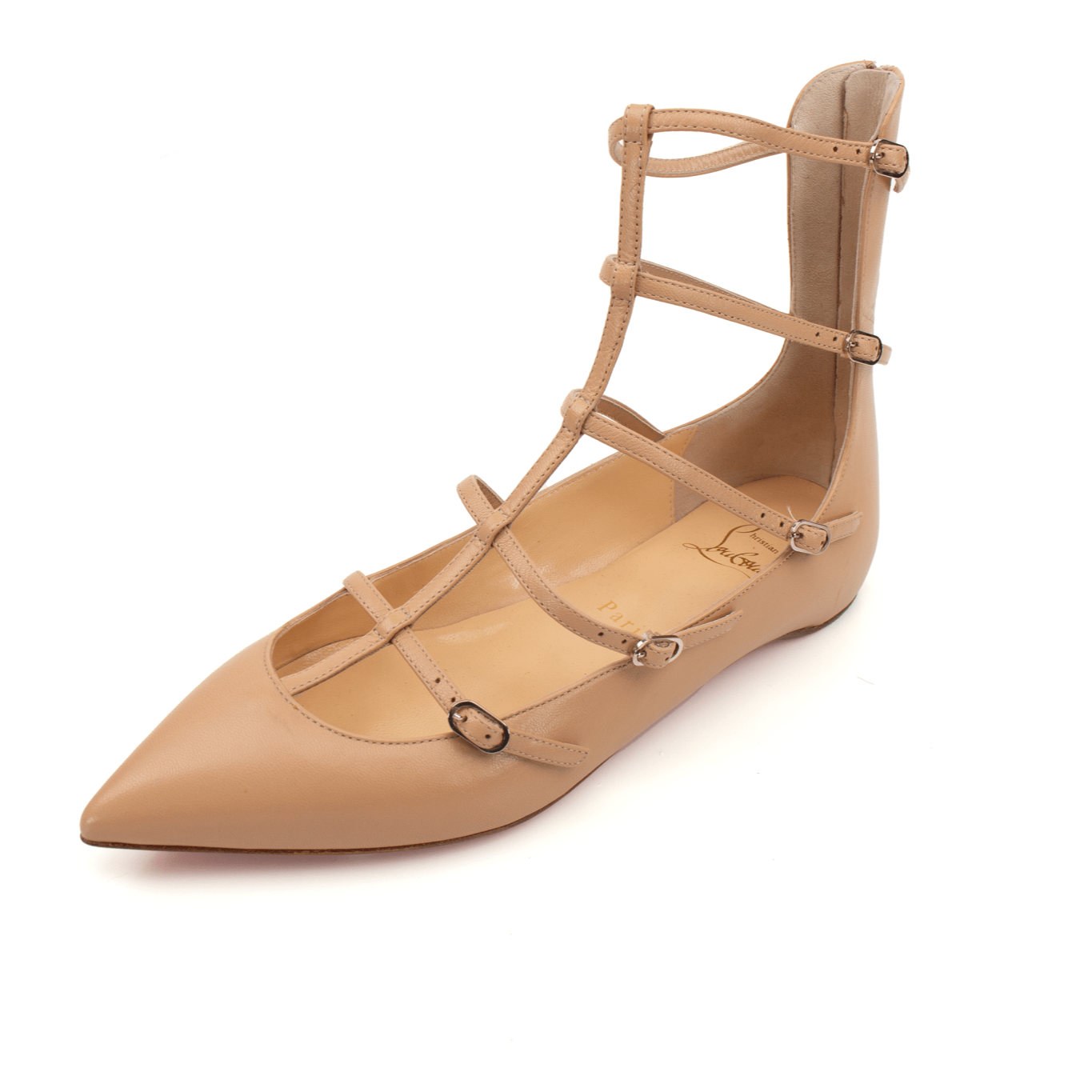 Christian Louboutin Cora Cage Flats in black leather with intricate cage design and pointed toe, elegantly styled on a surface.